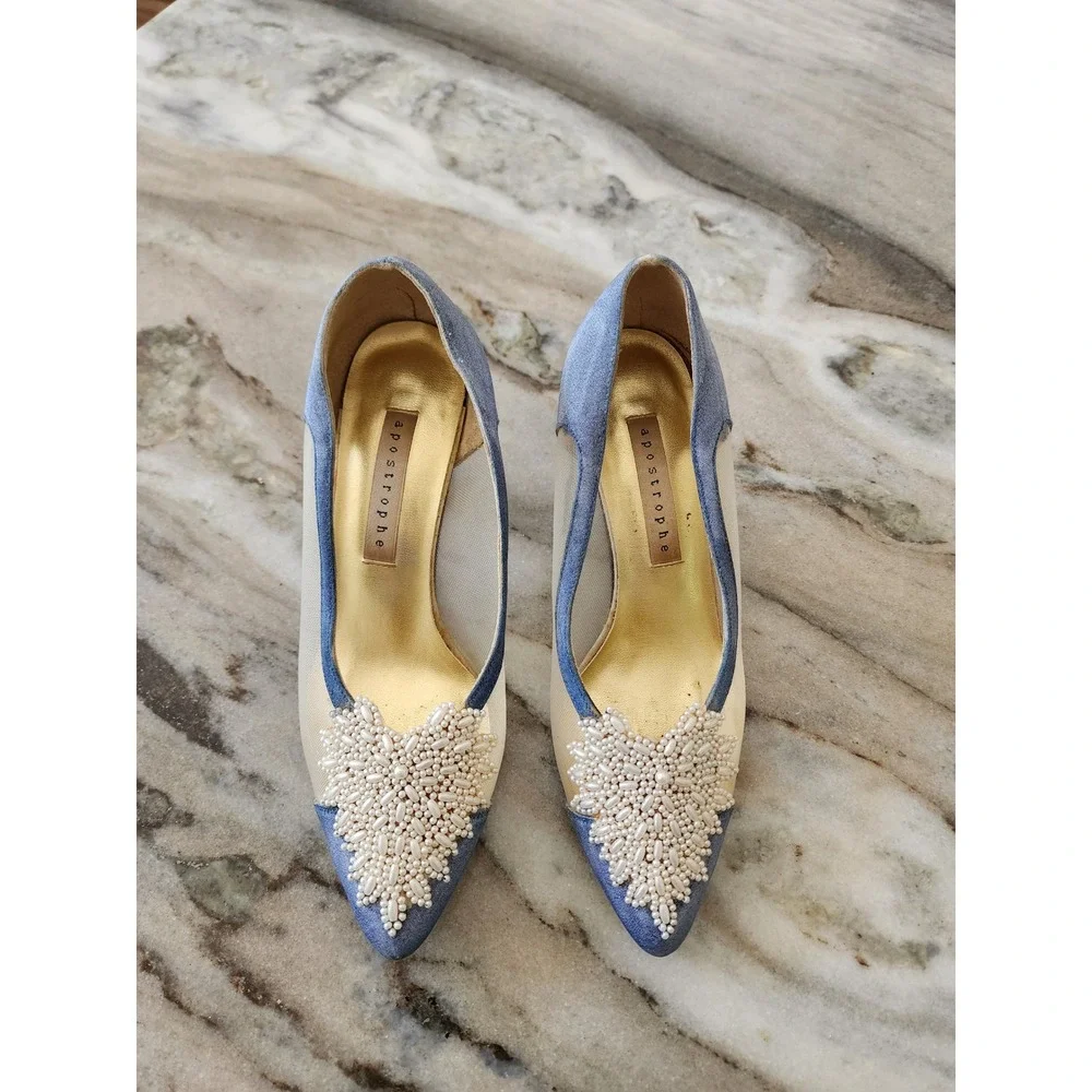 Y2K 90s Pearl Beaded‎ Mesh Kitten Heels Coquette Bridal Chic Regencycore